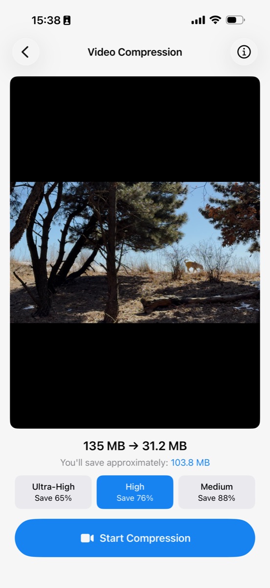 Video compression showing 135 MB reduced to 31.2 MB